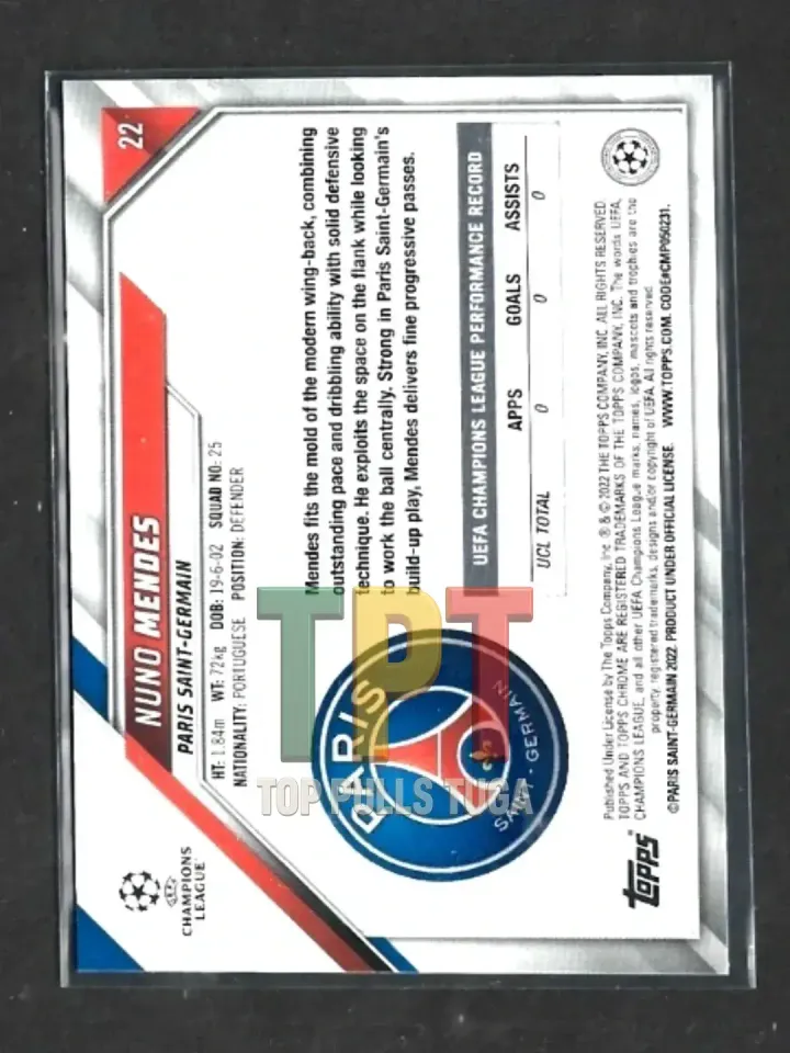 2021-22 Topps Chrome UCL - Red & Gold Starball Refractor #22 - Nuno Mendes (P00143) verso