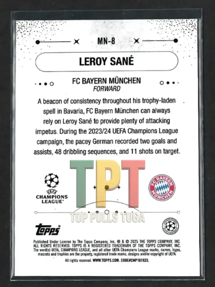 2024-25 Topps Merlin UEFA Club Competitions - Mystic Nights - Black Refractor /10 #MN-8 - Leroy Sané (B00204) verso