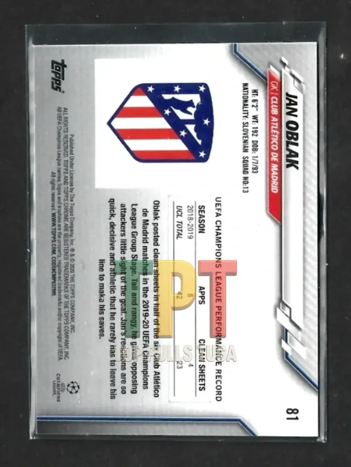 2019-20 Topps Chrome UCL - Purple Carbon Fiber Refractor 1:19 Packs #81 - Jan Oblak verso