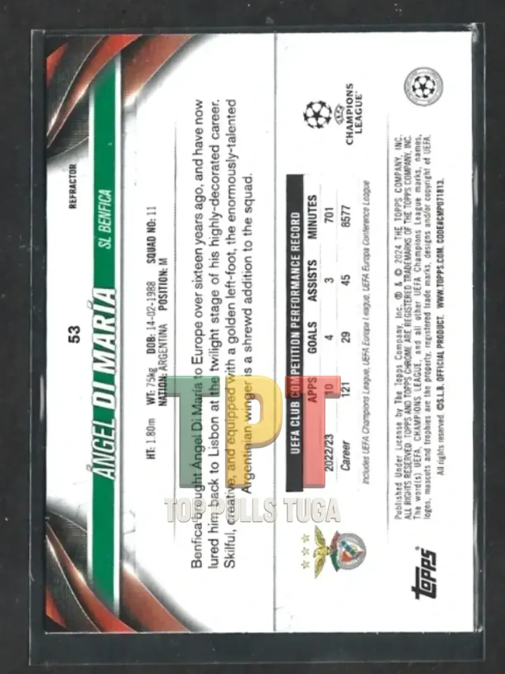 2023-24 Topps Chrome UEFA Club Competitions - Refractor #53 - Ángel Di María (B00083) verso