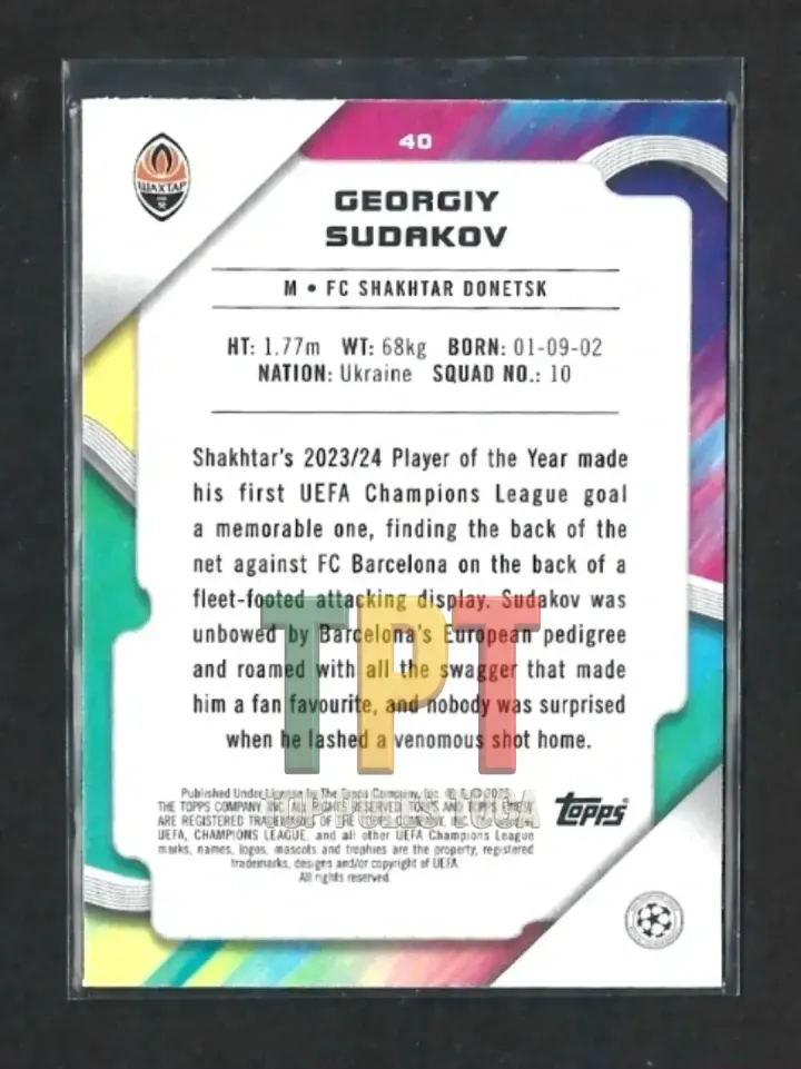 2024-25 Topps Finest UEFA Club Competitions - Pink RayWave Refractor /250 #40 - Georgiy Sudakov (S00202) verso