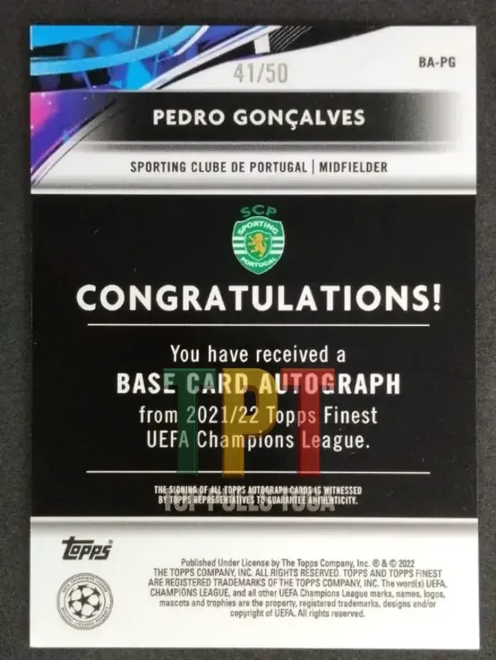 2021-22 Topps Finest UCL Pedro Gonçalves Neon Green Refractor Auto /99 verso