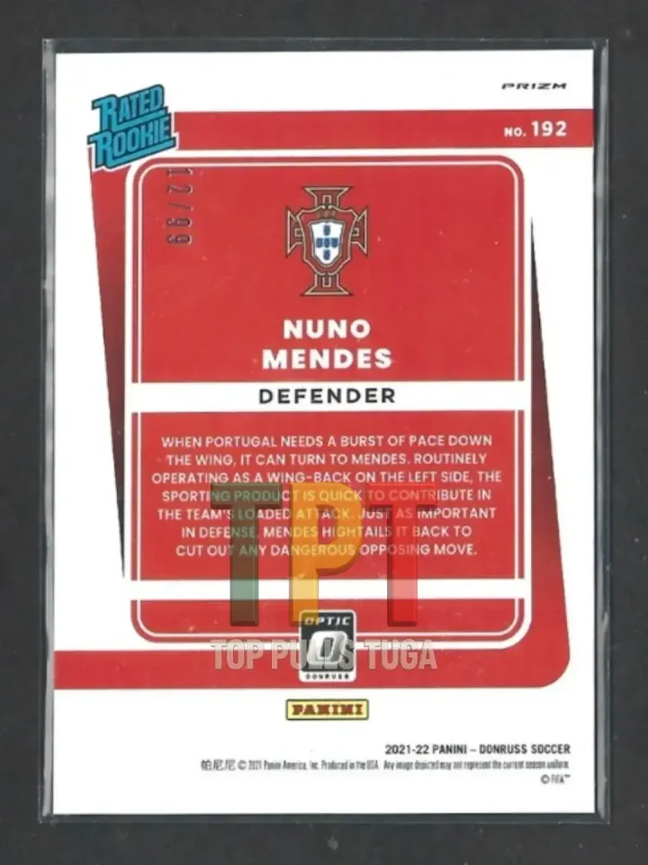 Nuno Mendes - Optic Purple Velocity Prizm /99 #192 - Rated Rookie verso