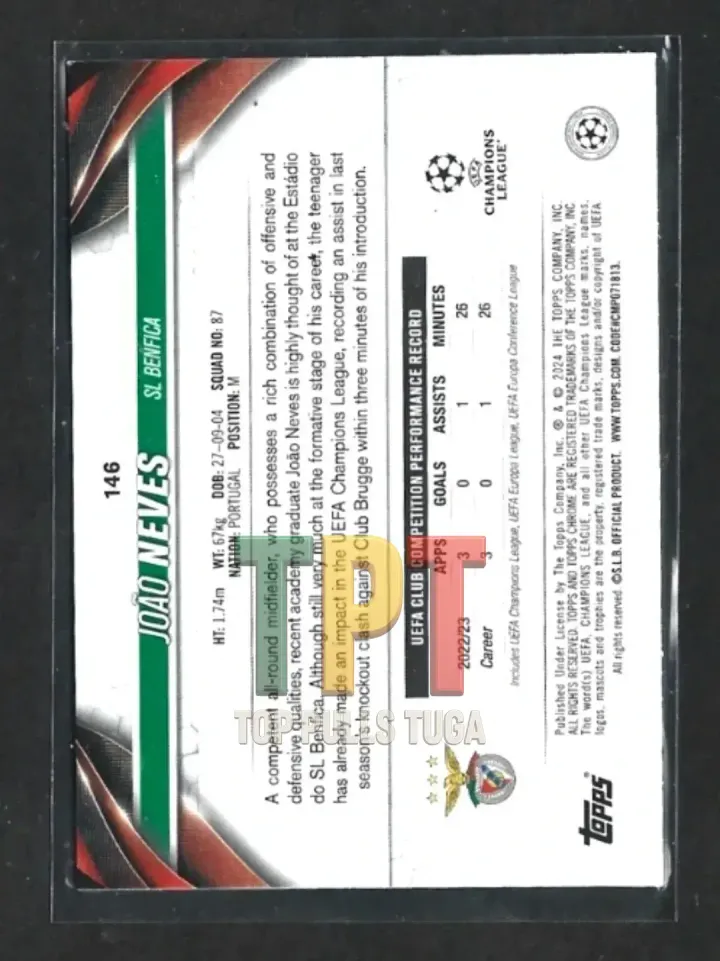 2023-24 Topps Chrome UEFA Club Competitions - Pulsar Refractor #146 - João Neves (B00087) verso