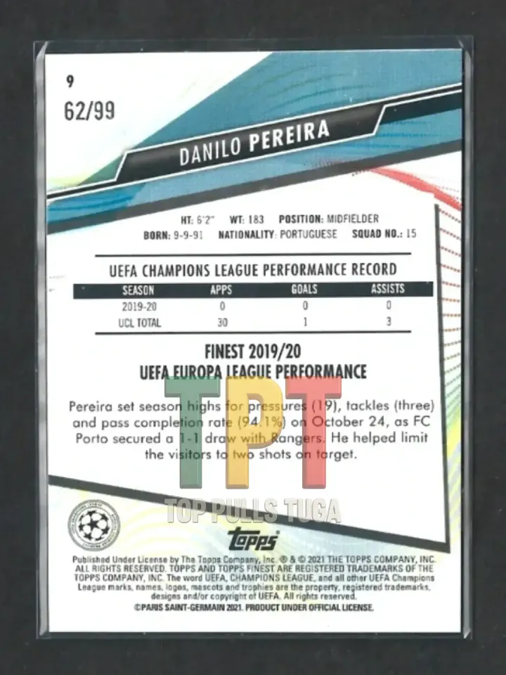 2020-21 Topps Finest UCL - Green Refractor /99 #9 - Danilo Pereira (P00110) verso